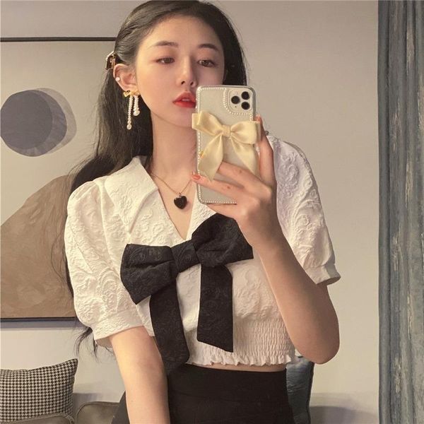 

women's blouses & shirts summer casual bow neck bohemian chic college style puff sleeve solid color pleated v-neck ruffled boluse, White