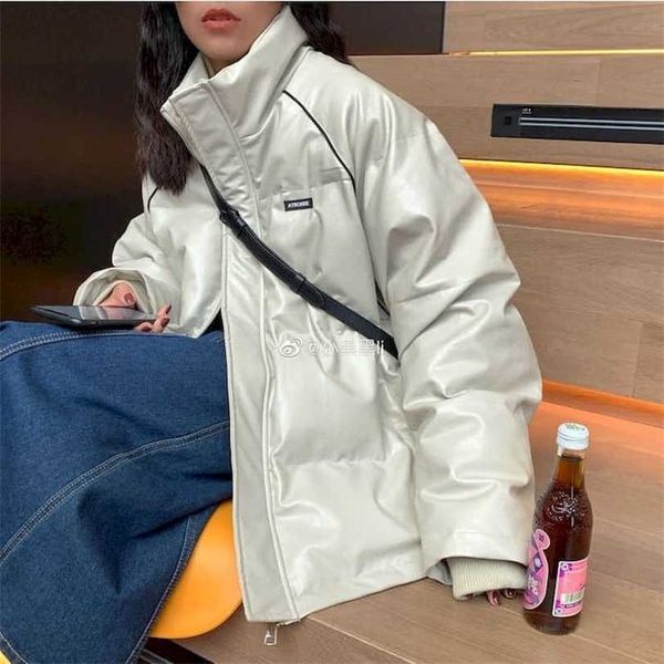 Кожаная мягкая пиджака зима влюбленные в Гонконг стиль красивый толстый теплый хлопок негабаритные тенденции турнирный воротник хлебное пальто 211011