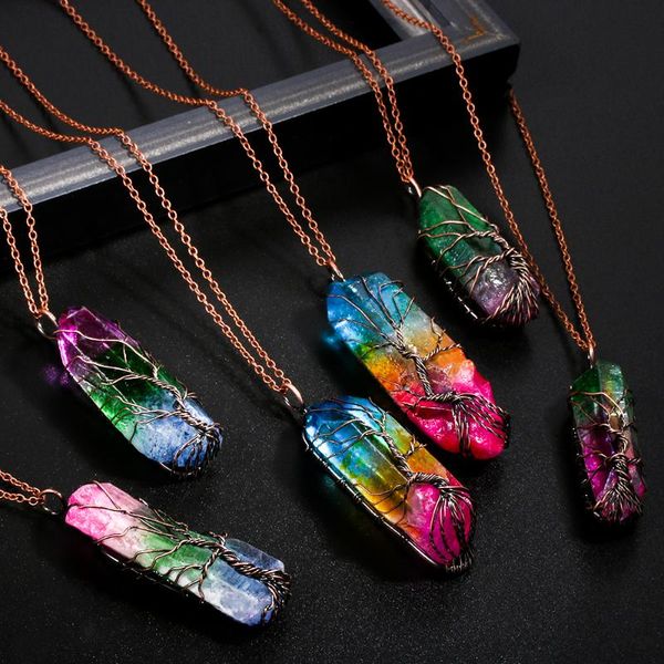 

handmade 7 chakra natural/rainbow stone tree of life pendant necklace for women men long chain statement jewelry gift necklaces, Silver