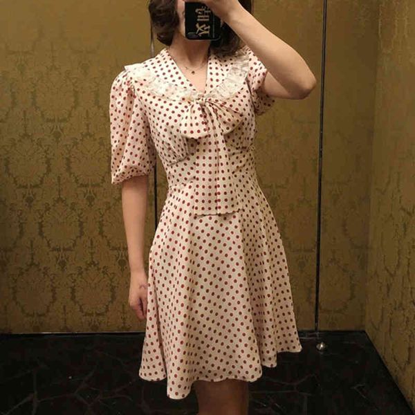 

dresses cute women polka dot printed lace chiffon 2021 summer designer female elegant peter pan collar bows tie short sleeve dress, Black;gray