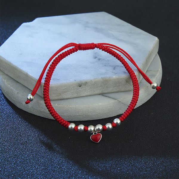 Bracciale a forma di corda con filo rosso intrecciato fatto a mano, ciondolo a forma di cuore in argento sterling 925 con perline smaltate per gioielli portafortuna regolabili da donna