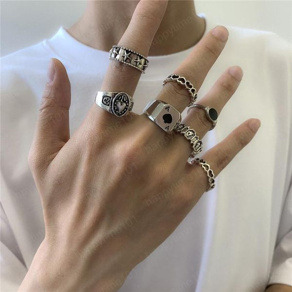 Gothic Poker Lettera Heart Finger Rings Set Punk Alloy Flame Ellisse Star Circle Ring European Geometric Ancient Silver Hand Jewelry Accessories