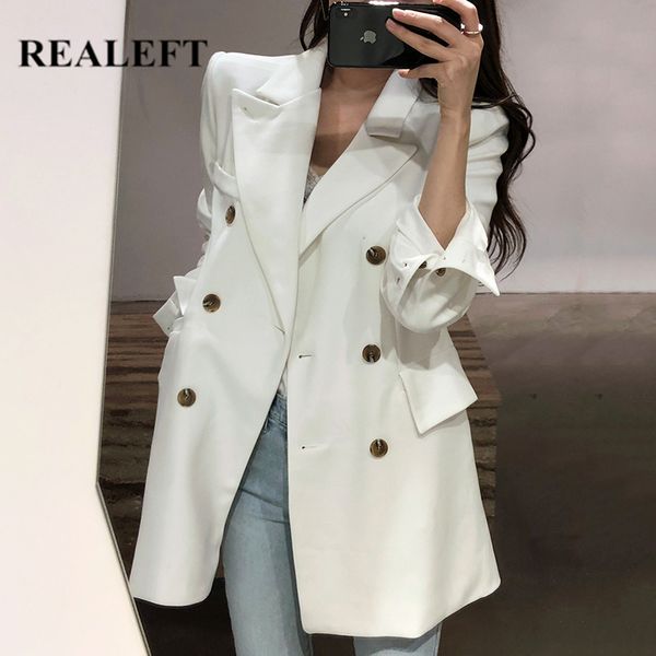 

autumn winter elegant solid women's blazer double breasted long sleeve formal office jacket outwear female 210428, White;black