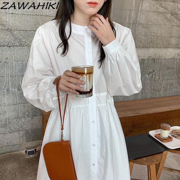 

casual dresses zawahiki japan style robe femme solid vintage autumn puff sleeve chic elegant vestidos single breasted loose long women, Black;gray