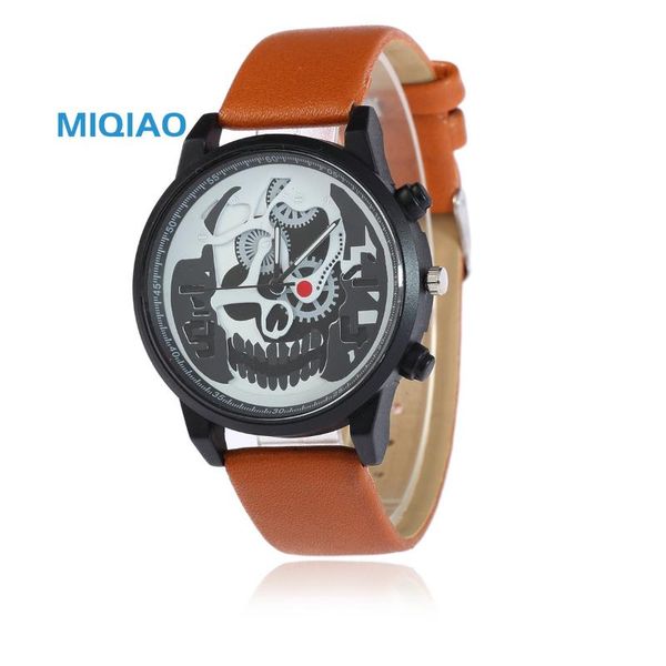 

wristwatches miqiao fashion casual men watches quartz 2021 halloween skull creative leather strap watch for w75, Slivery;brown
