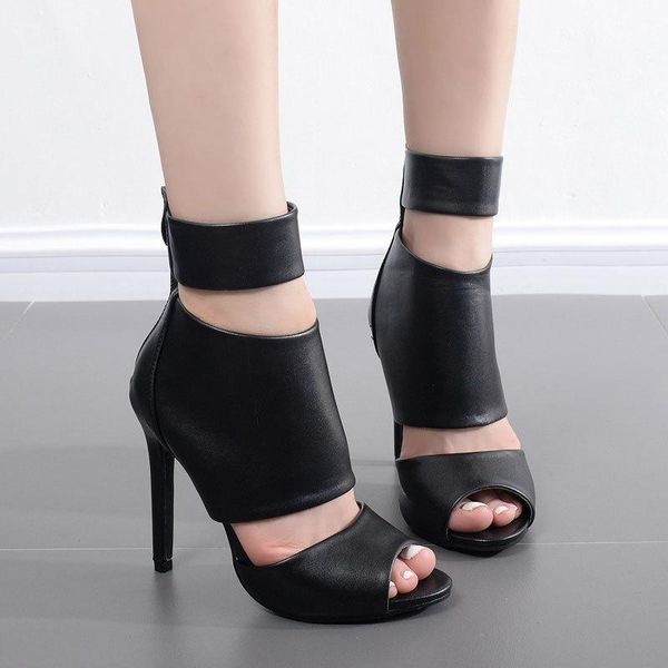 

neutral peep toe ankle wrap pearl women sandals super high thin heels shoes cover heel dress buckle strap, Black