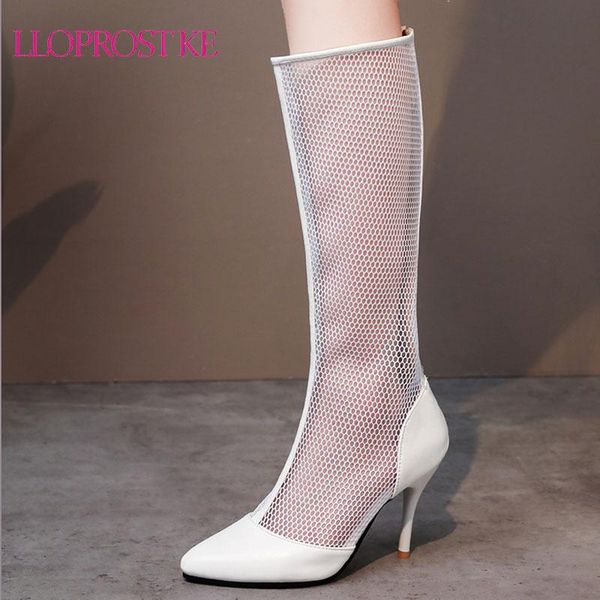 

boots lloprost ke mesh net women ladies plus size thin high heel knee woman female zipper white wedding bride shoes, Black
