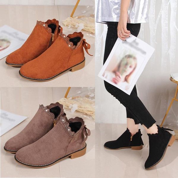 

boots fashion women's bow lace ankle flat casual suede single round toe outdoor pu leather winter female shoes sep#, Black