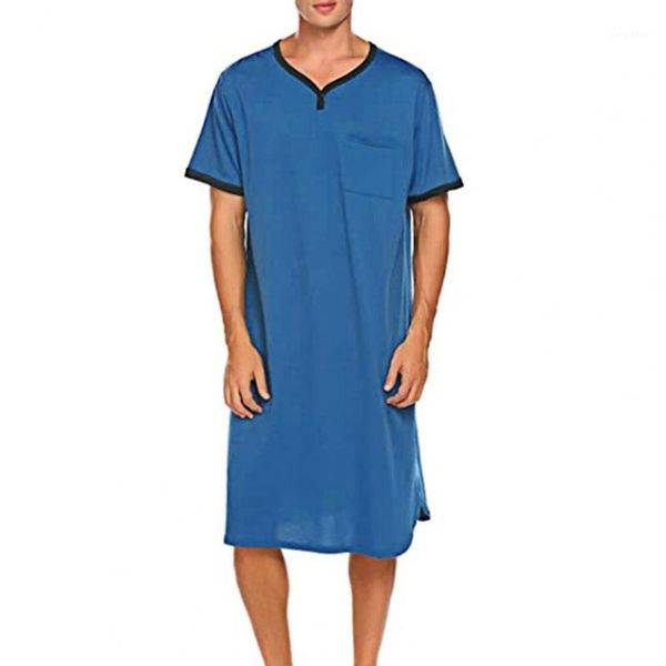 

men's sleepwear man nightgown sleep robe pajamas loose men short sleeve o neck pocket nightdress knee-length homewear, Black;brown