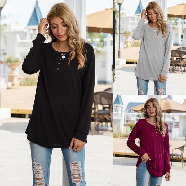 

women's t-shirt autumn long sleeve women fashion solid color buttons o-collar pullover tees casual streetwear, White