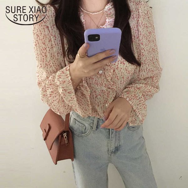 

romantic french retro v-neck chiffon blouse women sweet puff sleeve chic vintage print ruffles flare sleeves shirt 10115 210528, White