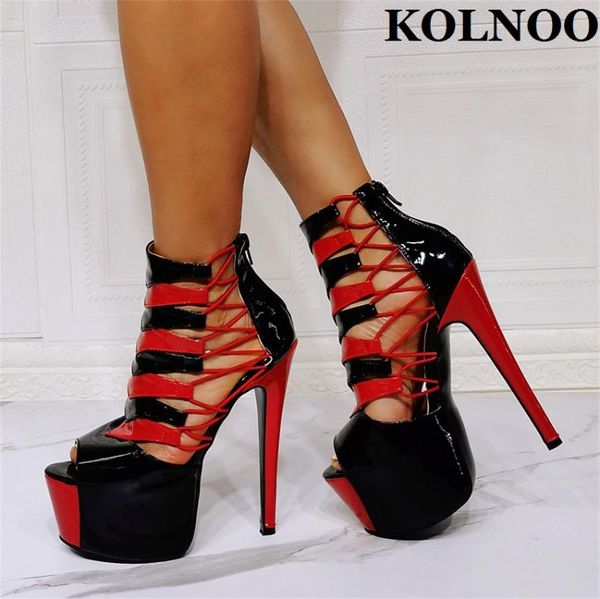 

sandals kolnoo classic ladies high heeled real pos patent leather peep-toe party prom shoes evening fashion, Black