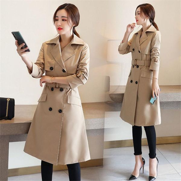 

women's trench coats fashion 2021 fall /autumn casual double breasted classic long coat with belt chic female windbreaker, Tan;black