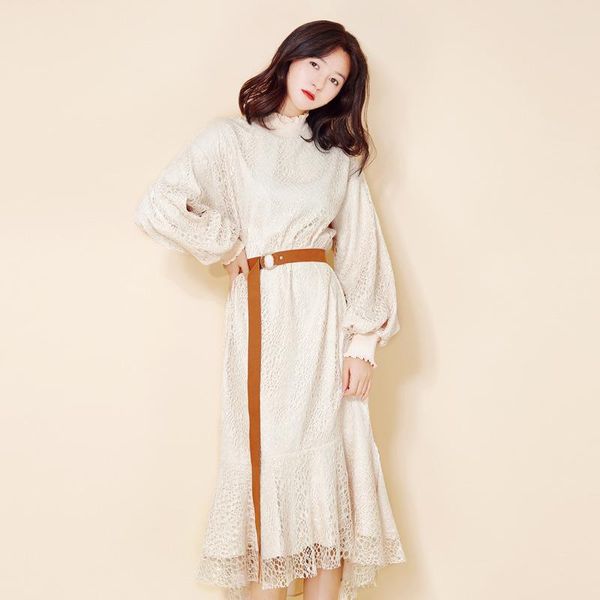 

casual dresses 2021 autumn women fashion lace dress long robe vintage femme lantern sleeve women's asymmetric vestido dd1821, Black;gray