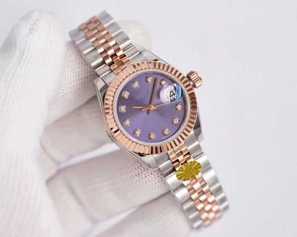 Alta qualidade 28mm moda rosd ouro senhoras vestido relógio safira mecânica automática relógios femininos pulseira de aço inoxidável br285b
