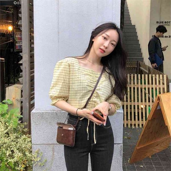 

belt yellow short shirt summer femme casual vintage women blouses short sleeve plaid cotton girls blouse 210423, White