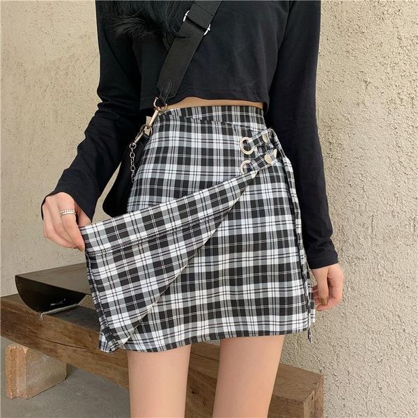

skirts spring 2021 high waist irregular plaid a-line bag hip skirt, Black