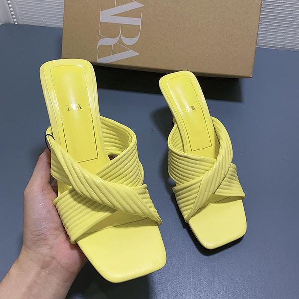 

slippers women summer yellow pleated pull strap high-heeled sandals cross open toe square head temperament, Black