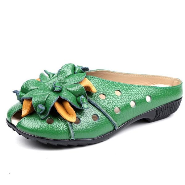 

slippers genuine leather summer shoes women flower mules half hallow lady fashion slides comfortable tddf, Black