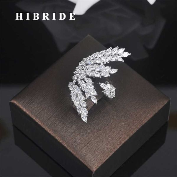 

hibride beauty leaf shape clear cubic zirconia white gold-color women open adjustable finger ring anillos for party show r-197 211217, Slivery;golden
