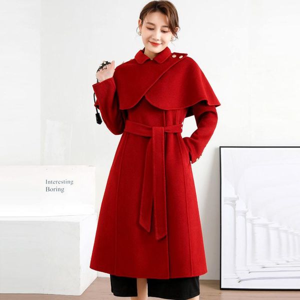 

women's wool & blends woman high-end windbreaker female coat 2021 autumn winter ladies temperament slim long sleeve woolen coats q169, Black