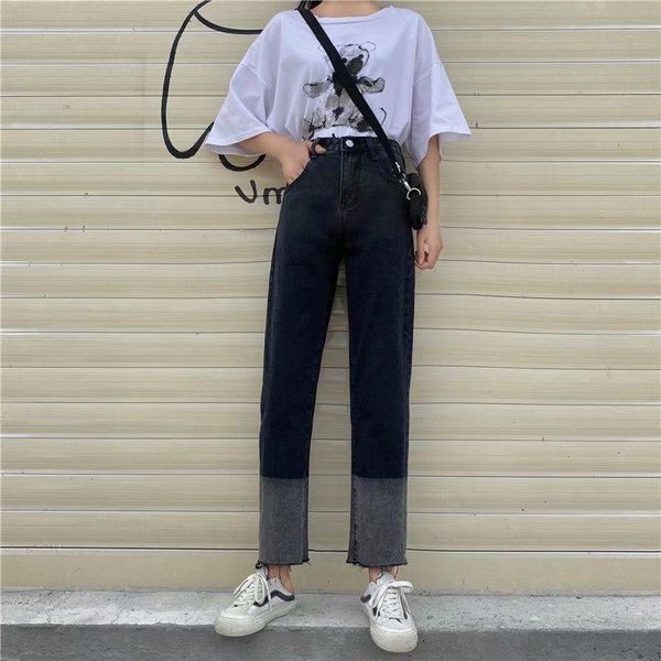 

women's jeans high waist loose wide legs large size fat mm was thin and versatile straight tube pants, Blue