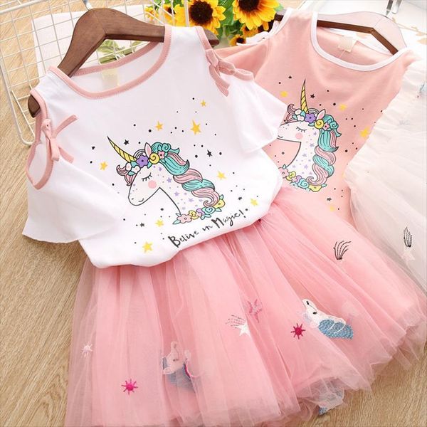 

summer childrens unicorn suits girls rainbow clothes set katoen kid t shirt lace skirt cute wear 2 6y, White