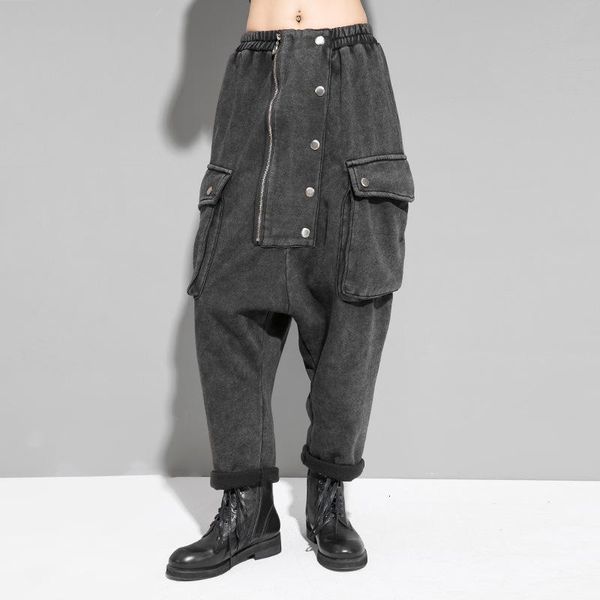 

women's pants & capris lanmrem 2021 spring high waist buttons pocket cross female zippers denim black washted trousers wk17501, Black;white