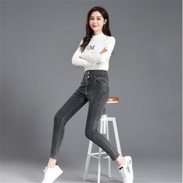 

women's jeans fashion women skinny spring autumn 2021 high waist denim pencil pants female slim button cowboy lady streetwear m438, Blue