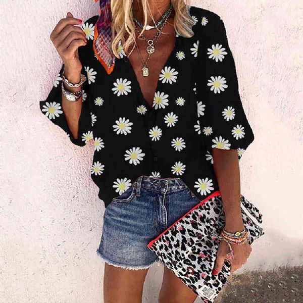 

women 2021 summer daisy print blouse shirt elegant three quarte sleeve pullover 2xl casual v-neck lady blusa x0521, White