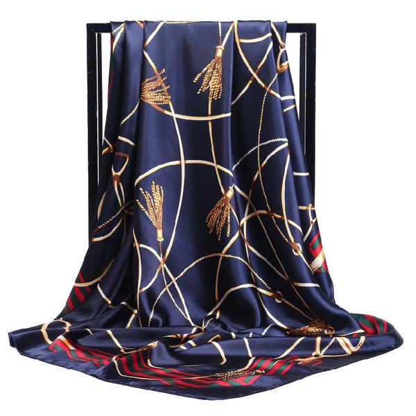 

scarves 2021 design tassels printed large square female silk scarf women fashion bandana ladies head hijab 90*90cm, Blue;gray