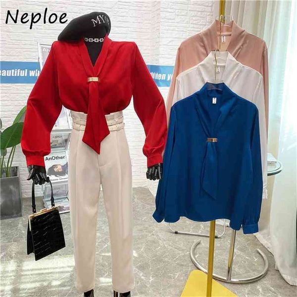 

kuzuwata v neck tie design solid blouse women pullover long sleeve blusas spring all match shirt feminino simple 210422, White