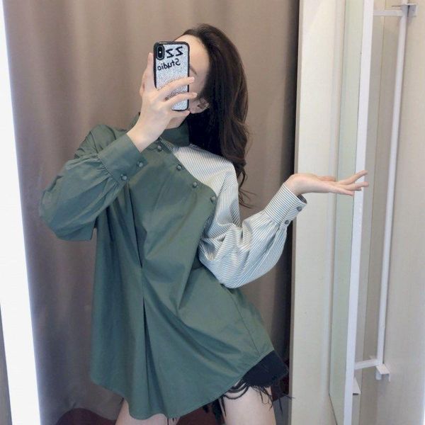 

fashion early autumn blouses vintage hong kong style long-sleeved stripe exaggerated harajuku shirt green for women women's & shirts, White