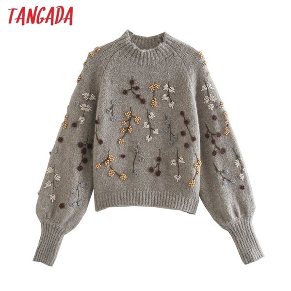 

tangada women beading flowers turtleneck sweater jumper female elegant oversize pullovers chic 3l68 210914, White;black