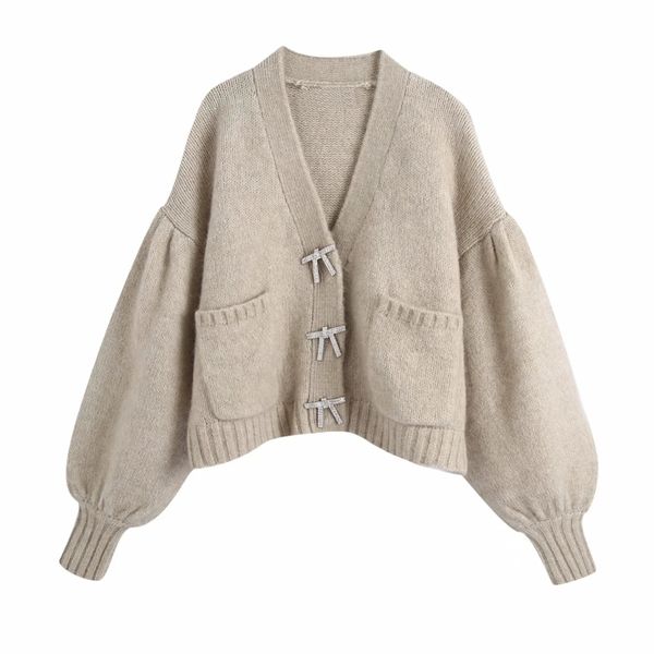 

spring women bow button decoration v neck knitting sweater female lantern sleeve pullover casual lady loose sw973 210430, White;black