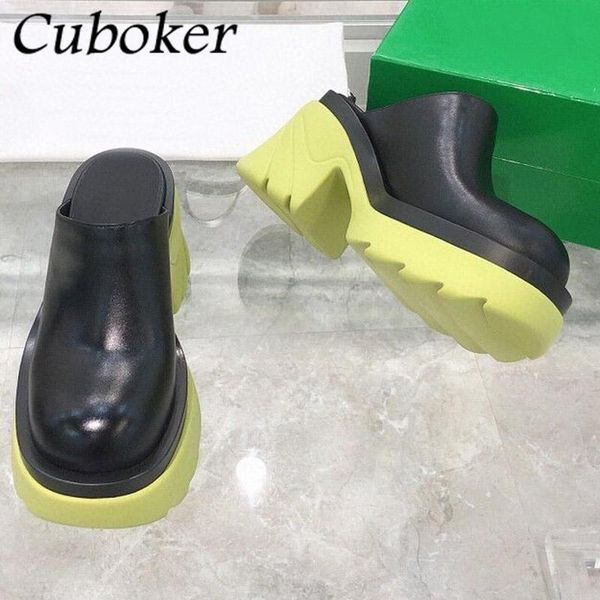 

slippers brand designer shoes genuine leather mules slip on round toe high heels women casual non-slip female sandals 2021, Black