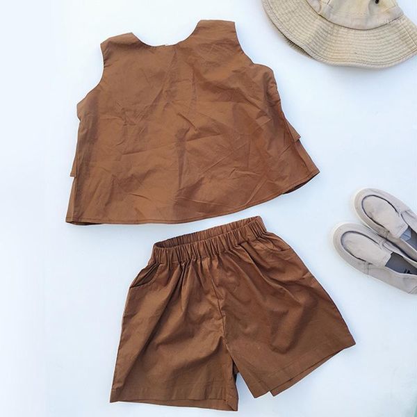 

summer girls comfortable suit clothing sets solid color cute fashion casual children's vest + shorts two-piece set1, White