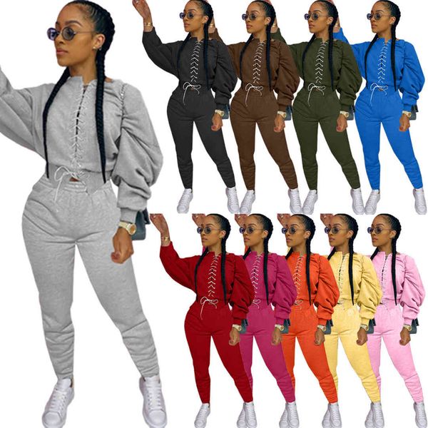 

autumn and winter women two piece pants tracksuits solid color long sleeved jogger set fashion bandage sweater pullover sportswear, White