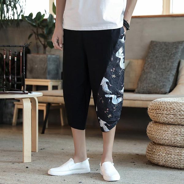 

men's pants 2021 men chinese style summer big size casual calf-length ethnic print patchwork loose male trouser harem 5xl, Black