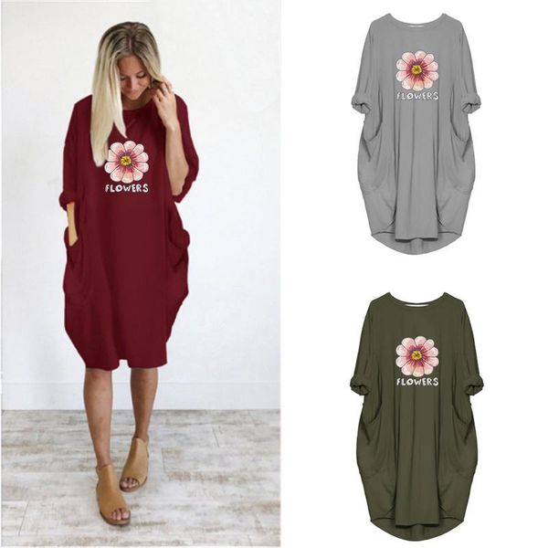 

dress women spring flowers printed pocket loose dresses vintage maxi oversized party casual plus size robe, Black;gray