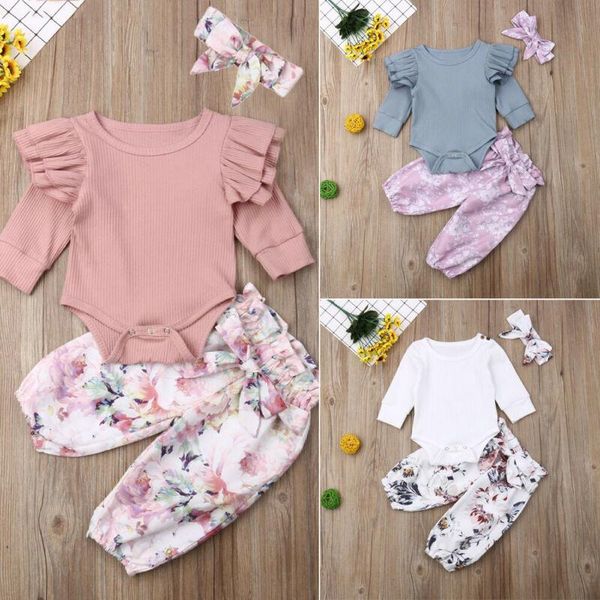 

born toddler baby girl clothes sets ruffle long sleeve solid color knit romper bowknot pants headband outfit clothing, White