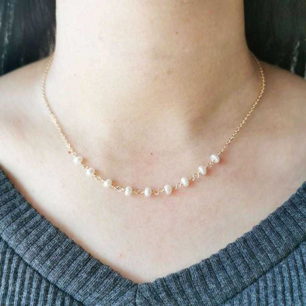

dainty genuine freshwater 14k gold filled neck chain pendants hand made knitting choker boho women pearl necklace, Silver
