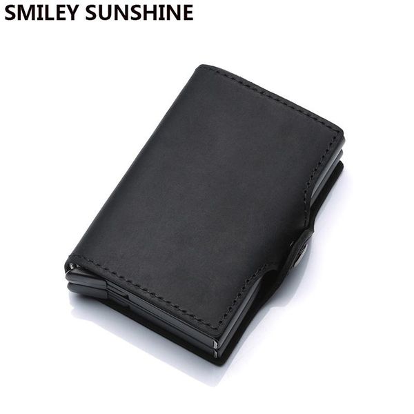 

wallets rfid mini men wallet crazy horse genuine leather metal card magic slim male smart up black, Red;black