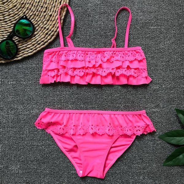

5-14y girl swimsuit kids two piece children's swimwear hollow out teenage bikini set falbala girls bathing suits beachwear one-piece