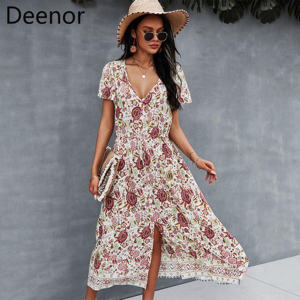 

casual dresses deenor elegant floral print dress women summer v-neck short sleeved long female party split vintage vestidos 2021, Black;gray