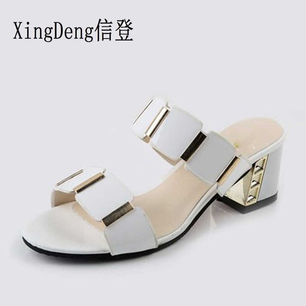 XingDeng Ragazza Estate Punta Rotonda Sandalo Gladiatore Tacco Quadrato Pantofola 35-43 Lady Fashion Elegante Punta Aperta Pantofola 210715