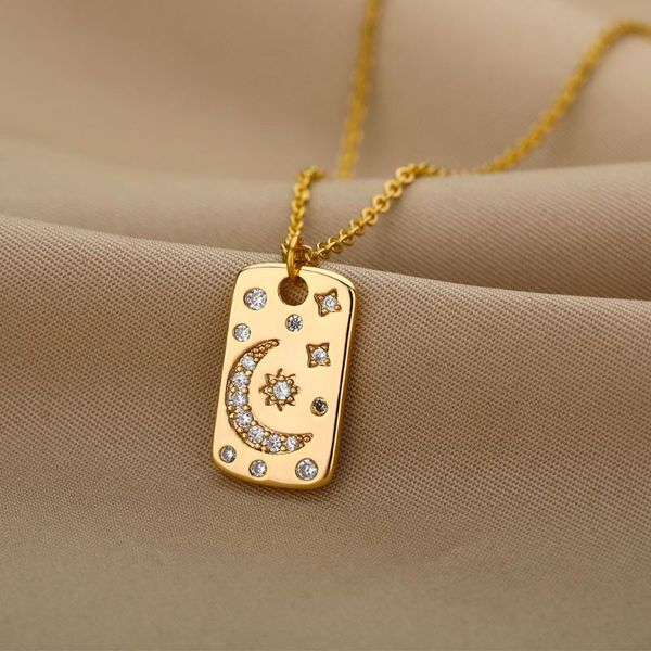

pendant necklaces zircon sun moon star for women stainless steel gold gothic square chain choker charm christmas jewelry gift, Silver