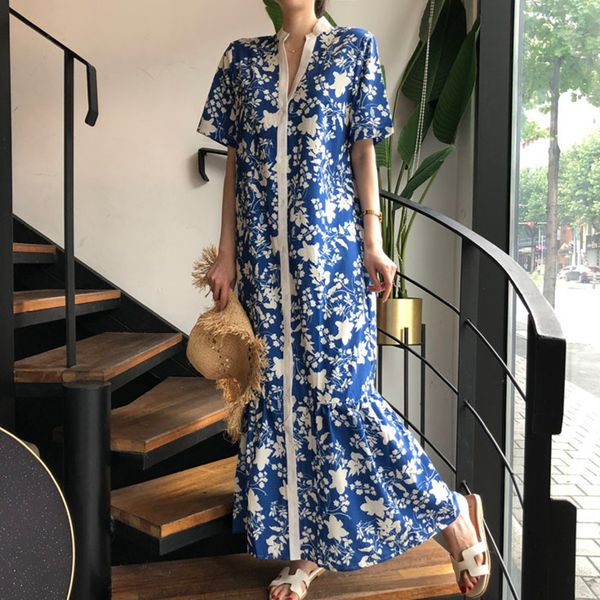 

casual dresses korean chic holiday style women leaf print stand collar loose single breasted short sleeve fishtail 38xv, Black;gray