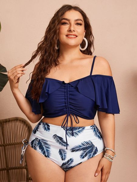 

plus leaf pint drawstring front ruffle bikini swimsuit r9os#, Black