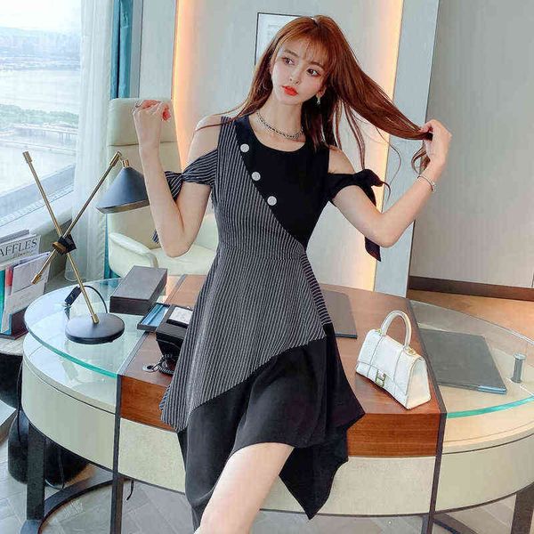 

casual dresses skirt women's summer 2022 french dign irregular stripe stitching dress, Black;gray